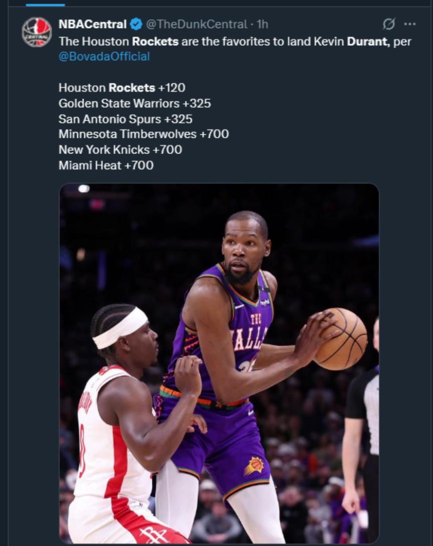難道說？美媒曬杜蘭特下家賠率，火箭大幅度領(lǐng)跑！
